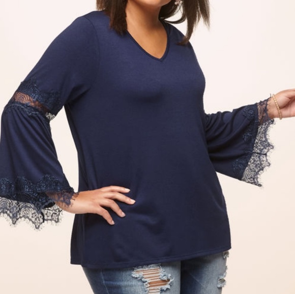 Loralette Tops - Navy Blue Lace Inset Top